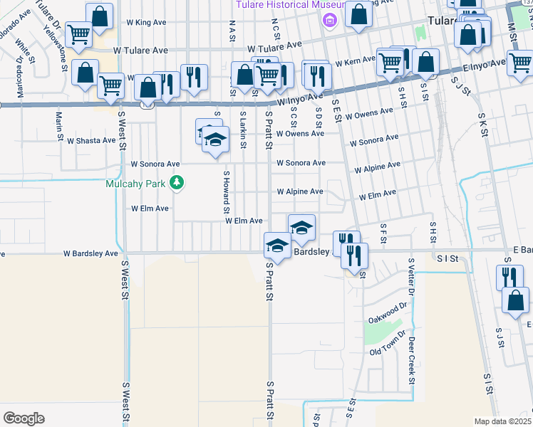 map of restaurants, bars, coffee shops, grocery stores, and more near 659 South Pratt Street in Tulare