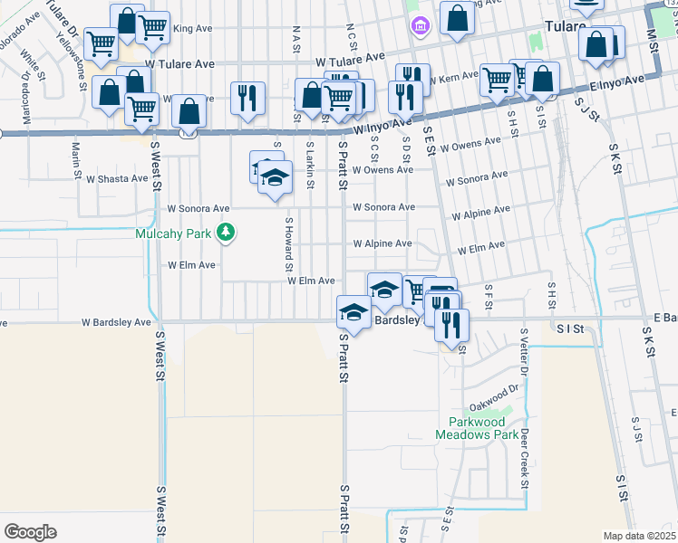 map of restaurants, bars, coffee shops, grocery stores, and more near 659 South Pratt Street in Tulare
