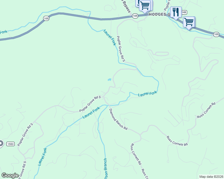 map of restaurants, bars, coffee shops, grocery stores, and more near 1197 Poplar Grove Road South in Boone