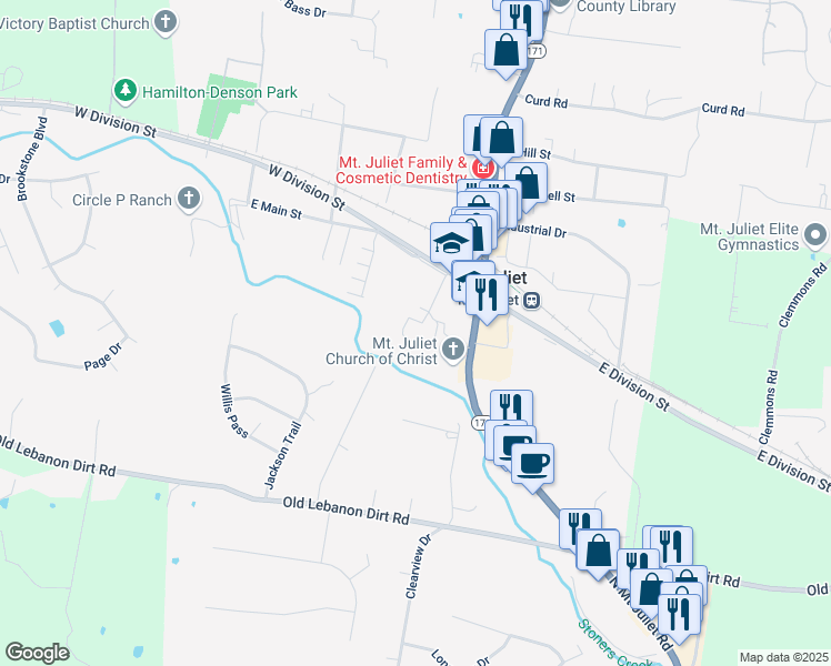 map of restaurants, bars, coffee shops, grocery stores, and more near 130 Second Avenue in Mt. Juliet