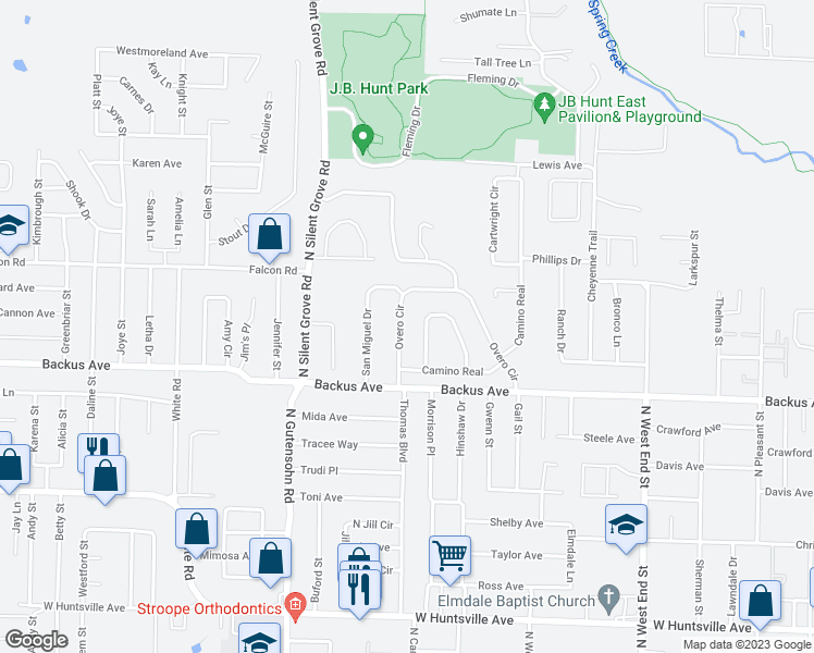 map of restaurants, bars, coffee shops, grocery stores, and more near 1439 Overo Circle in Springdale