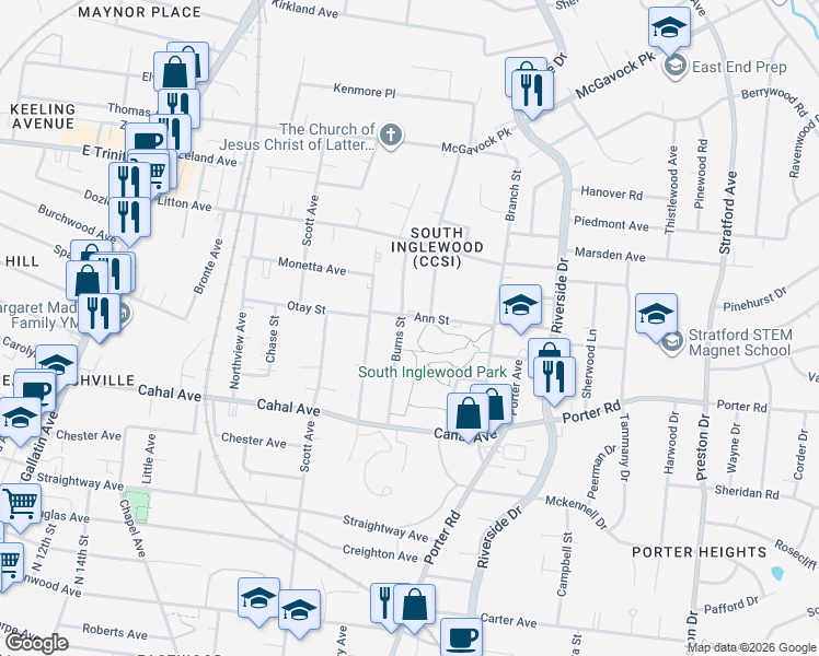 map of restaurants, bars, coffee shops, grocery stores, and more near 2141 Burns Street in Nashville