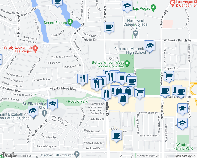 map of restaurants, bars, coffee shops, grocery stores, and more near 7620 Secret Shore Drive in Las Vegas