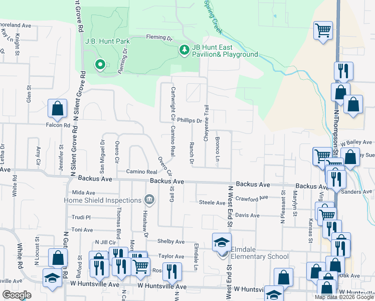 map of restaurants, bars, coffee shops, grocery stores, and more near 1105 Ranch Drive in Springdale