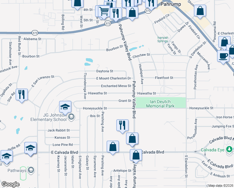 map of restaurants, bars, coffee shops, grocery stores, and more near 1271 Hiawatha Street in Pahrump