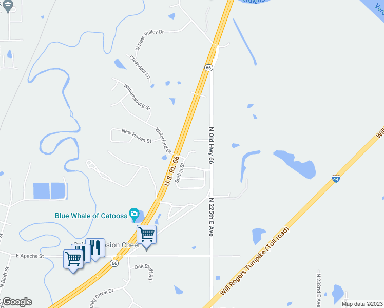 map of restaurants, bars, coffee shops, grocery stores, and more near 3045 Spring Street in Catoosa