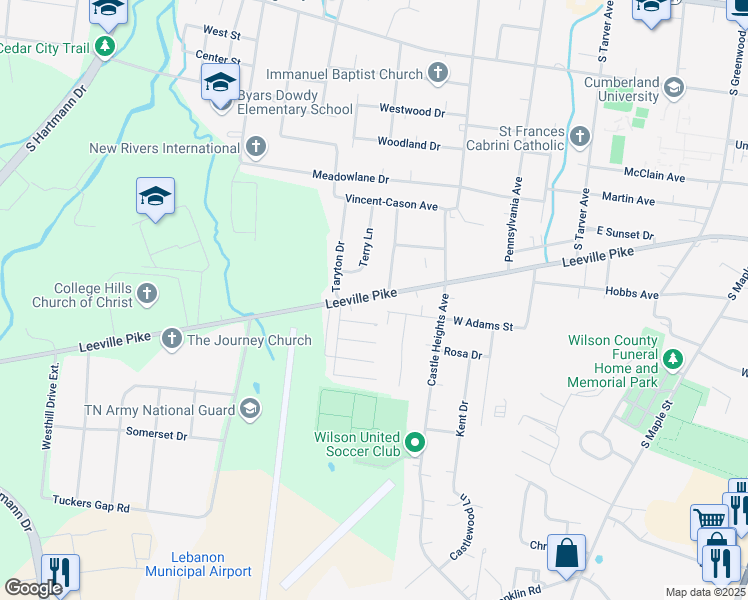 map of restaurants, bars, coffee shops, grocery stores, and more near 808 Leeville Pike in Lebanon