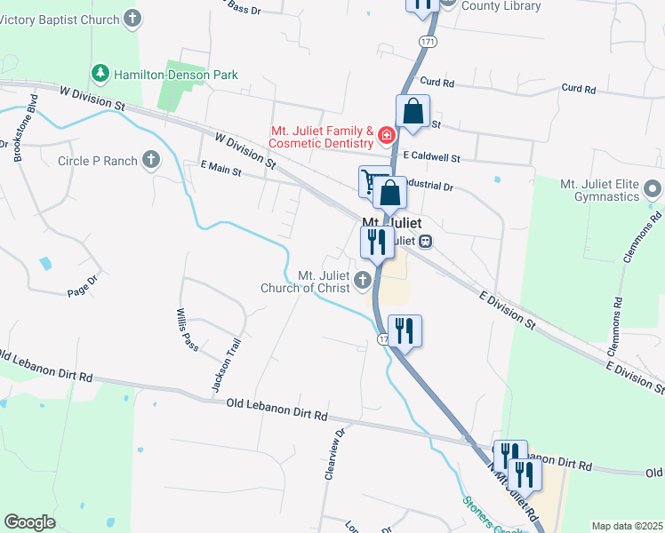 map of restaurants, bars, coffee shops, grocery stores, and more near 130 Second Avenue in Mt. Juliet