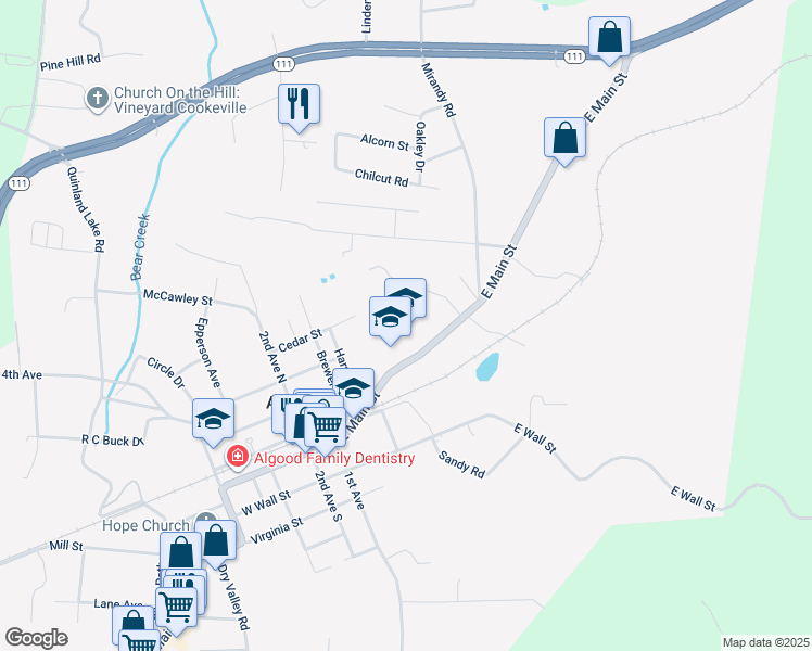 map of restaurants, bars, coffee shops, grocery stores, and more near 288 East Main Street in Cookeville
