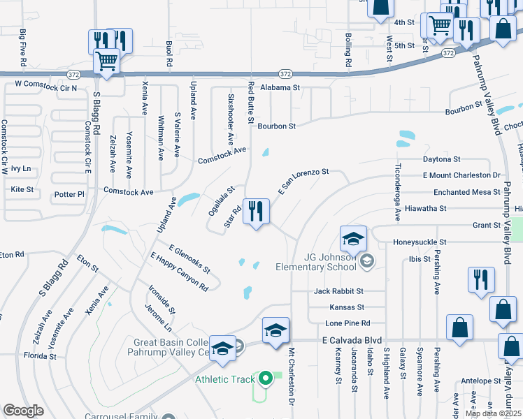 map of restaurants, bars, coffee shops, grocery stores, and more near 590 East San Lorenzo Street in Pahrump