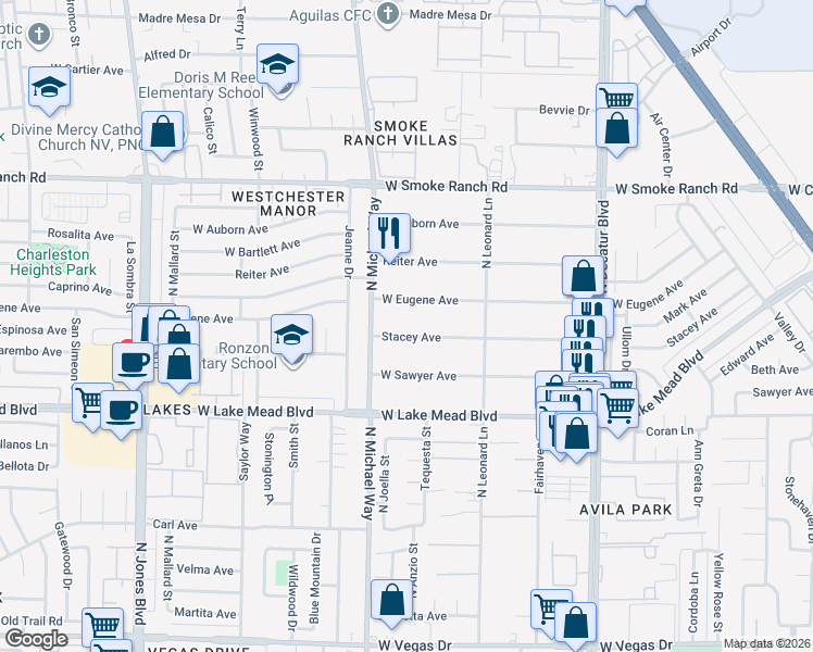 map of restaurants, bars, coffee shops, grocery stores, and more near 5353 West Stacey Avenue in Las Vegas