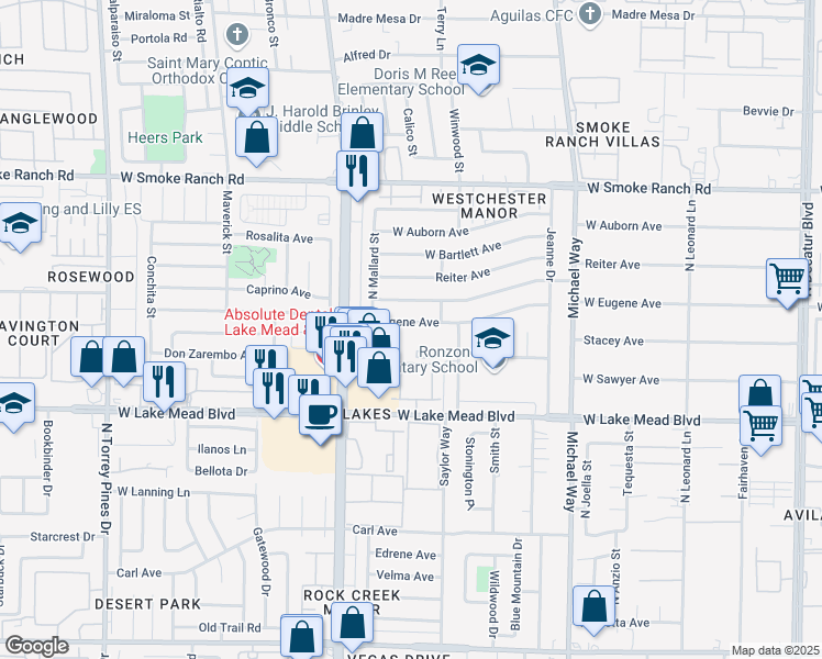 map of restaurants, bars, coffee shops, grocery stores, and more near 2115 Winwood Street in Las Vegas