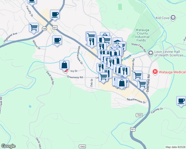map of restaurants, bars, coffee shops, grocery stores, and more near 107 Winter Drive in Boone