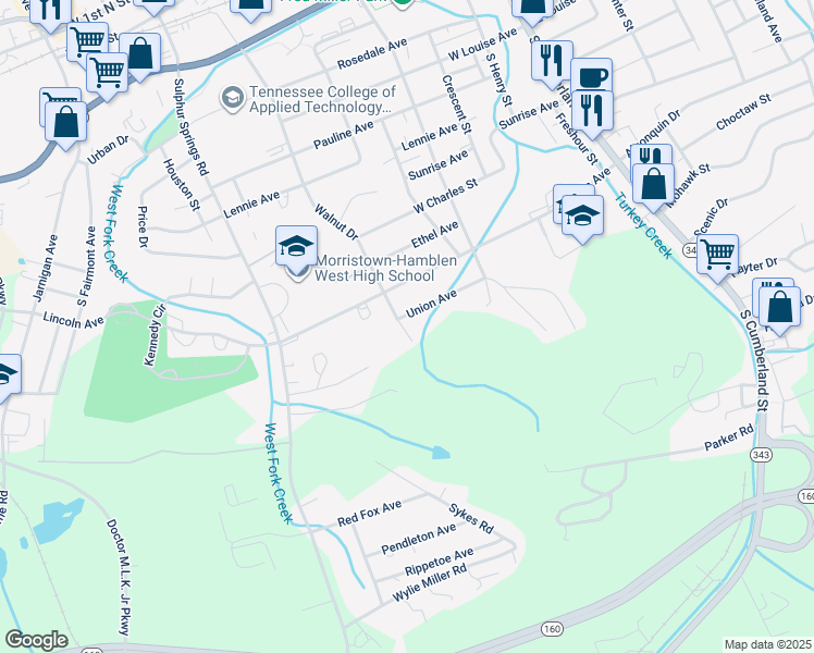 map of restaurants, bars, coffee shops, grocery stores, and more near 1323 Walnut Drive in Morristown