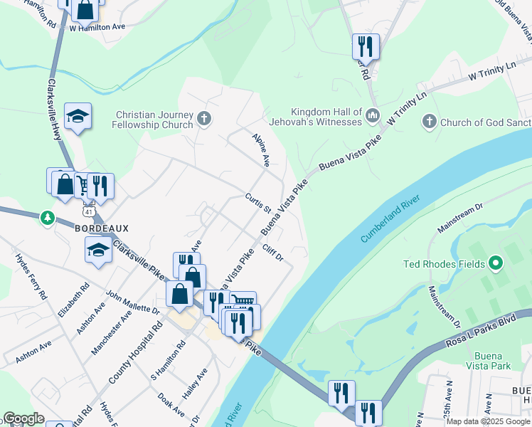 map of restaurants, bars, coffee shops, grocery stores, and more near 3101 Curtis Street in Nashville