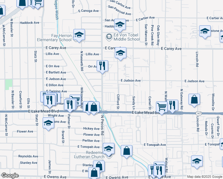 map of restaurants, bars, coffee shops, grocery stores, and more near 2182 North Pecos Road in Las Vegas