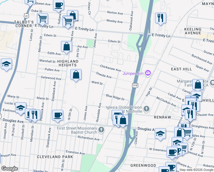 map of restaurants, bars, coffee shops, grocery stores, and more near 1506 Montgomery Avenue in Nashville