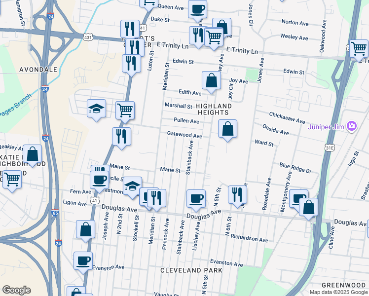 map of restaurants, bars, coffee shops, grocery stores, and more near 1422 Stainback Avenue in Nashville