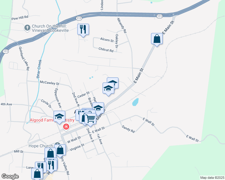 map of restaurants, bars, coffee shops, grocery stores, and more near 288 East Main Street in Cookeville