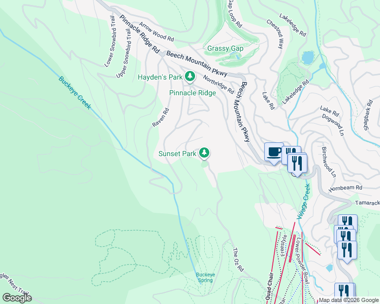 map of restaurants, bars, coffee shops, grocery stores, and more near 306 North Pinnacle Ridge Road in Beech Mountain