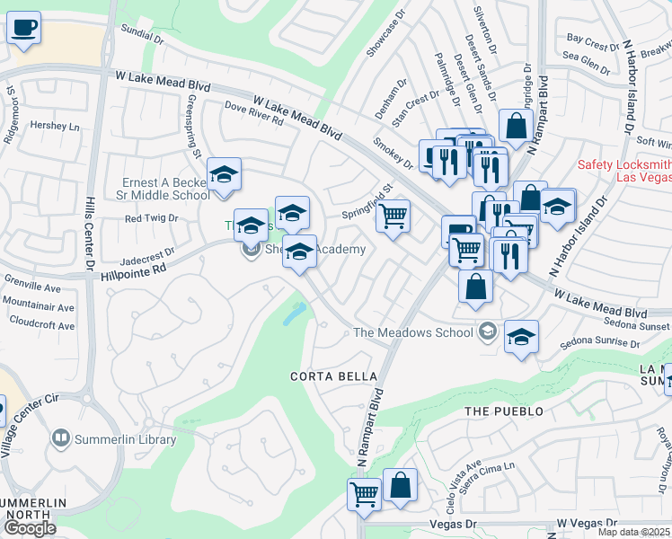map of restaurants, bars, coffee shops, grocery stores, and more near 2113 Hillsgate Street in Las Vegas