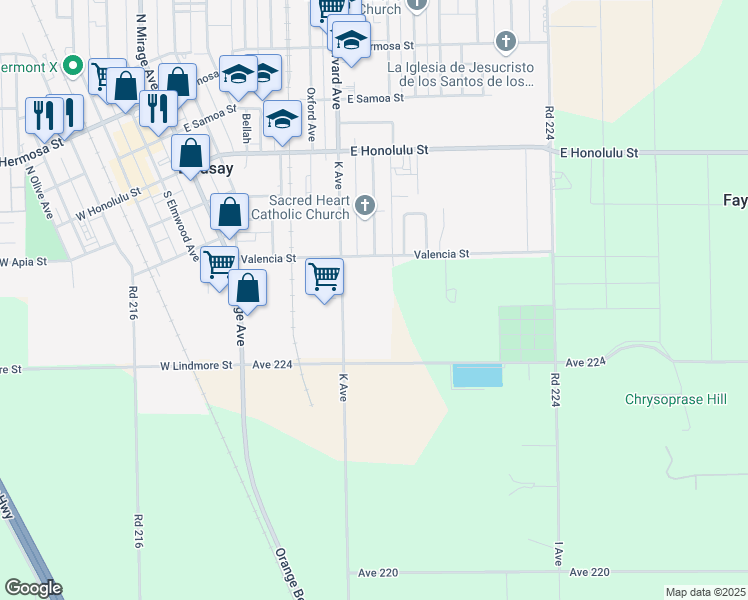 map of restaurants, bars, coffee shops, grocery stores, and more near 328 South Harvard Avenue in Lindsay