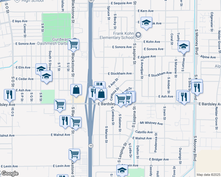 map of restaurants, bars, coffee shops, grocery stores, and more near 900 South Ann Street in Tulare