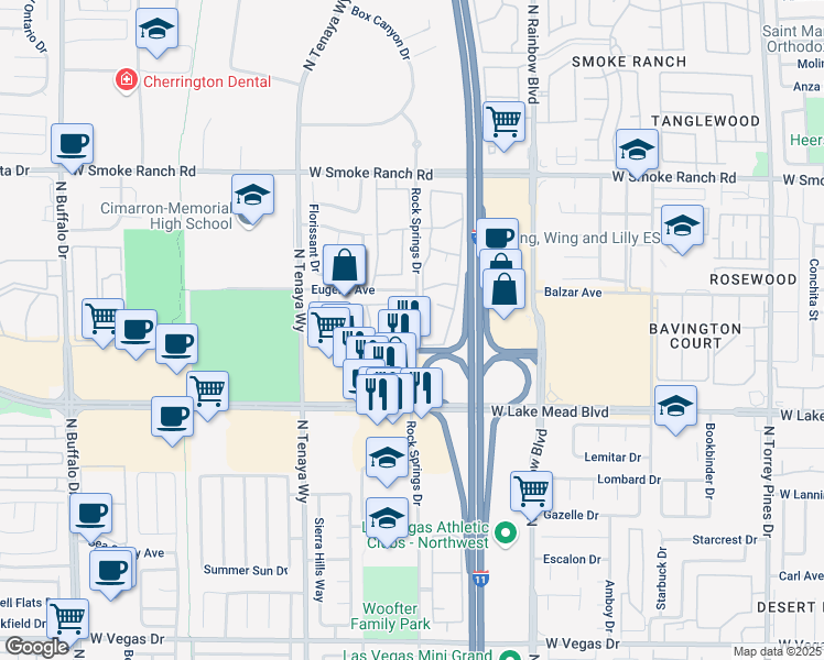 map of restaurants, bars, coffee shops, grocery stores, and more near 11 Rock Springs Drive in Las Vegas