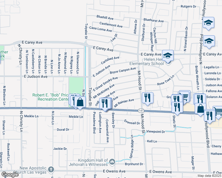 map of restaurants, bars, coffee shops, grocery stores, and more near 6097 Yellowstone Avenue in Las Vegas