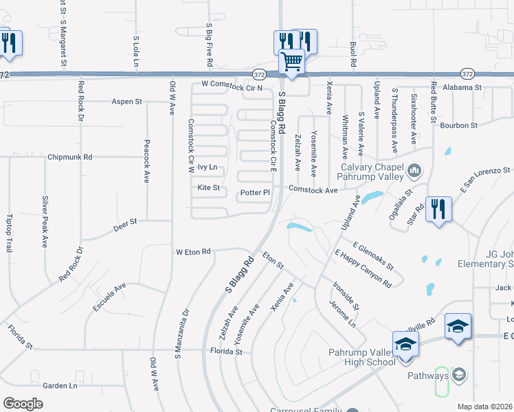map of restaurants, bars, coffee shops, grocery stores, and more near 70 South Comstock Circle in Pahrump