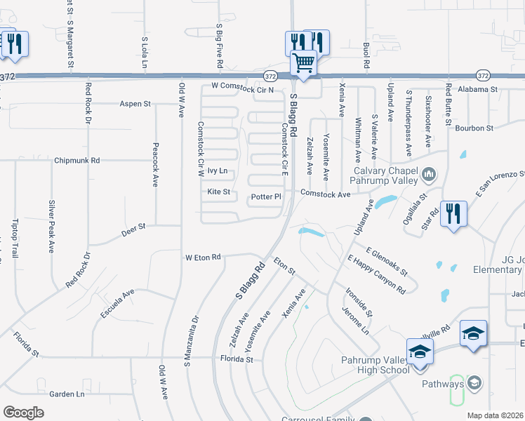 map of restaurants, bars, coffee shops, grocery stores, and more near 70 South Comstock Circle in Pahrump