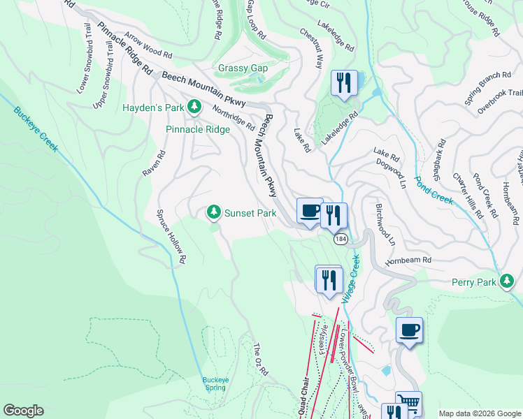 map of restaurants, bars, coffee shops, grocery stores, and more near 105 Upper Holiday Lane in Beech Mountain