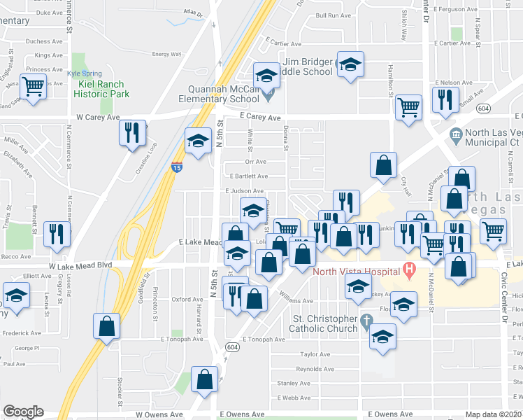 map of restaurants, bars, coffee shops, grocery stores, and more near 2105 Christina Street in North Las Vegas
