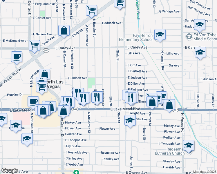 map of restaurants, bars, coffee shops, grocery stores, and more near 2133 Ellis Street in North Las Vegas