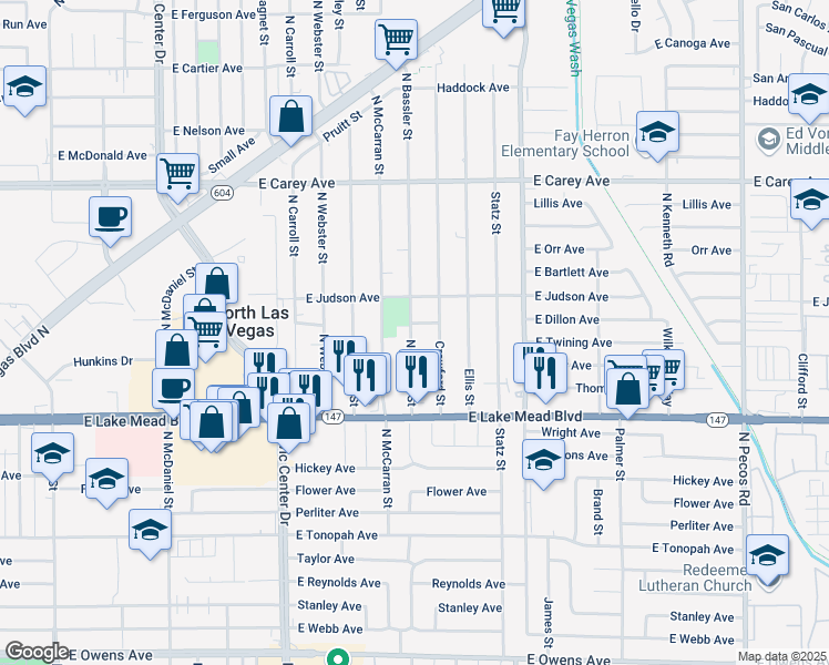 map of restaurants, bars, coffee shops, grocery stores, and more near 2121 Bassler Street in North Las Vegas