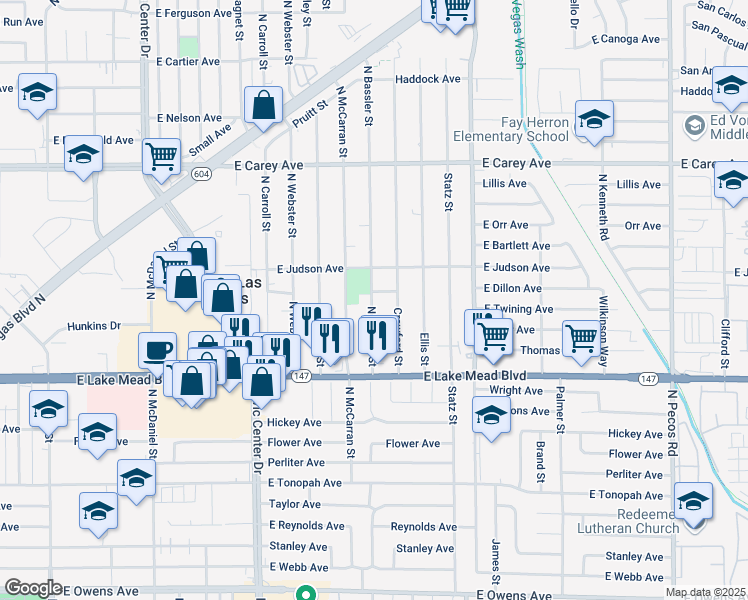 map of restaurants, bars, coffee shops, grocery stores, and more near 2121 Bassler Street in North Las Vegas