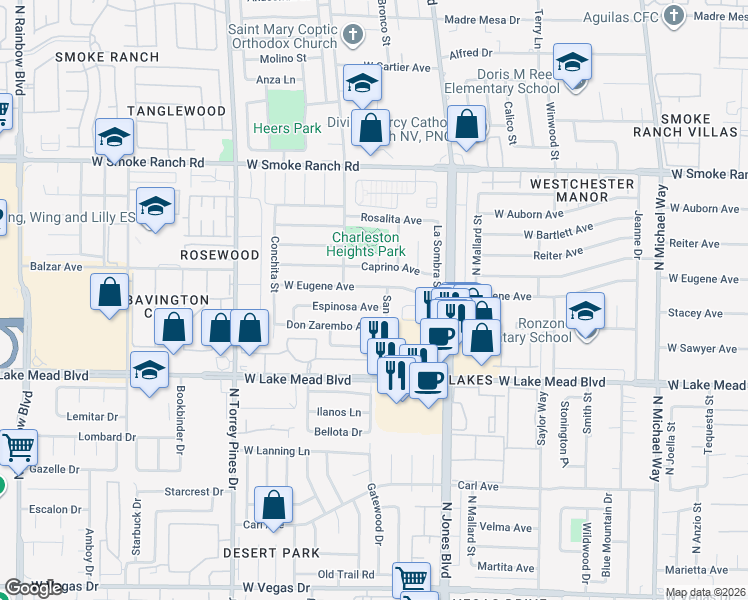 map of restaurants, bars, coffee shops, grocery stores, and more near 6205 Espinosa Avenue in Las Vegas