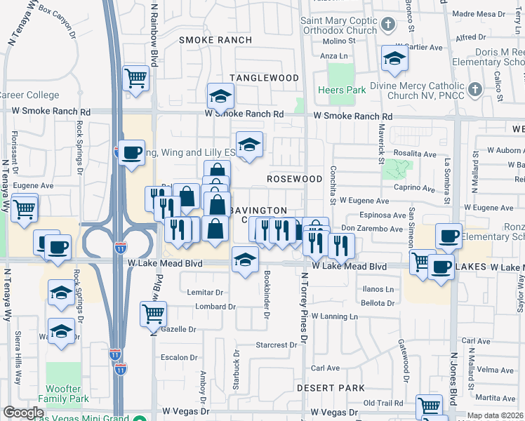 map of restaurants, bars, coffee shops, grocery stores, and more near 2104 Willowbury Drive in Las Vegas