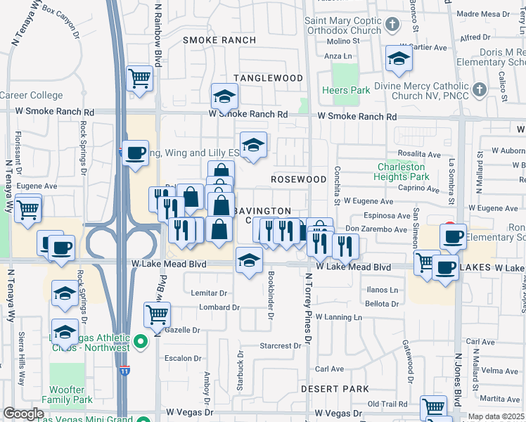 map of restaurants, bars, coffee shops, grocery stores, and more near 2104 Willowbury Drive in Las Vegas