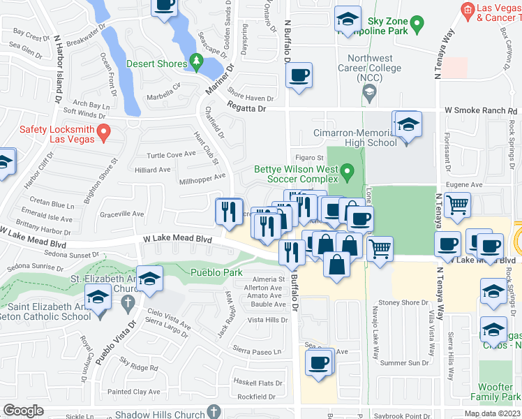 map of restaurants, bars, coffee shops, grocery stores, and more near 7674 West Lake Mead Boulevard in Las Vegas