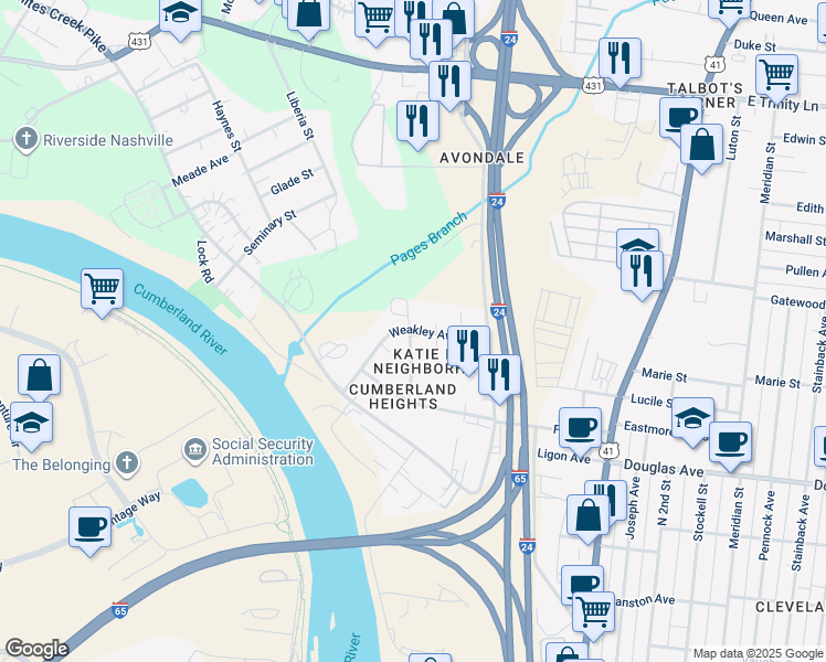 map of restaurants, bars, coffee shops, grocery stores, and more near 1225A Katie Avenue in Nashville