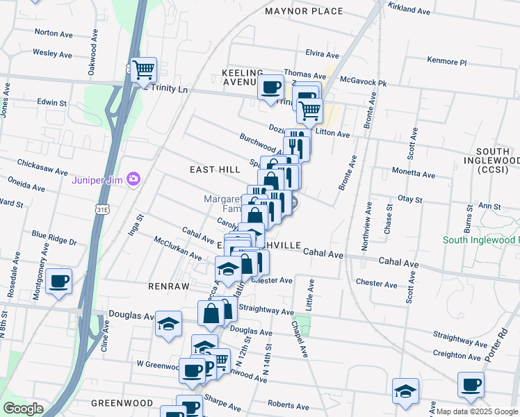 map of restaurants, bars, coffee shops, grocery stores, and more near 1027 Fairwin Avenue in Nashville