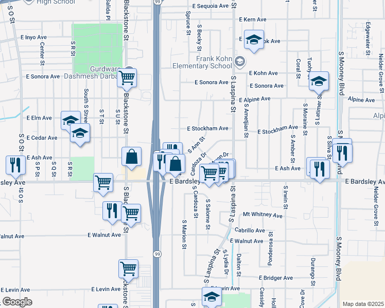 map of restaurants, bars, coffee shops, grocery stores, and more near 900 South Ann Street in Tulare