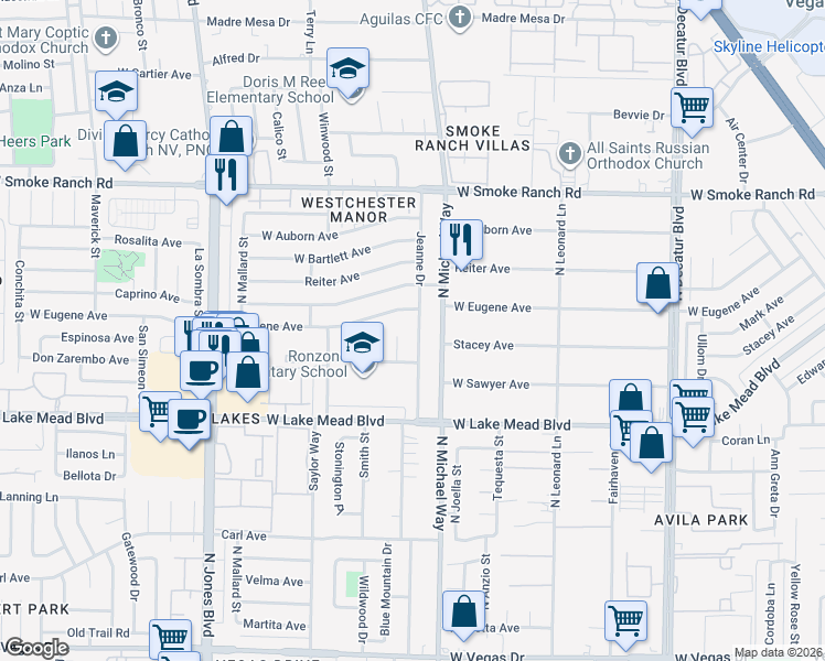 map of restaurants, bars, coffee shops, grocery stores, and more near 2129 Jeanne Drive in Las Vegas