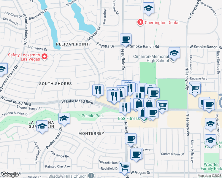 map of restaurants, bars, coffee shops, grocery stores, and more near 7674 West Lake Mead Boulevard in Las Vegas