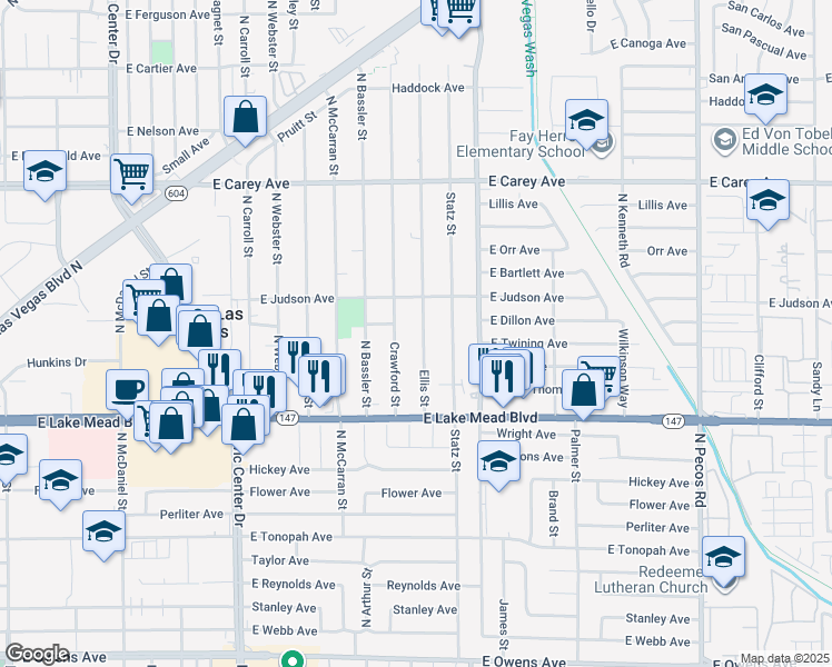 map of restaurants, bars, coffee shops, grocery stores, and more near 2133 Ellis Street in North Las Vegas