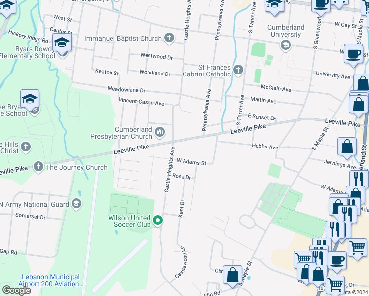 map of restaurants, bars, coffee shops, grocery stores, and more near 634 Leeville Pike in Lebanon
