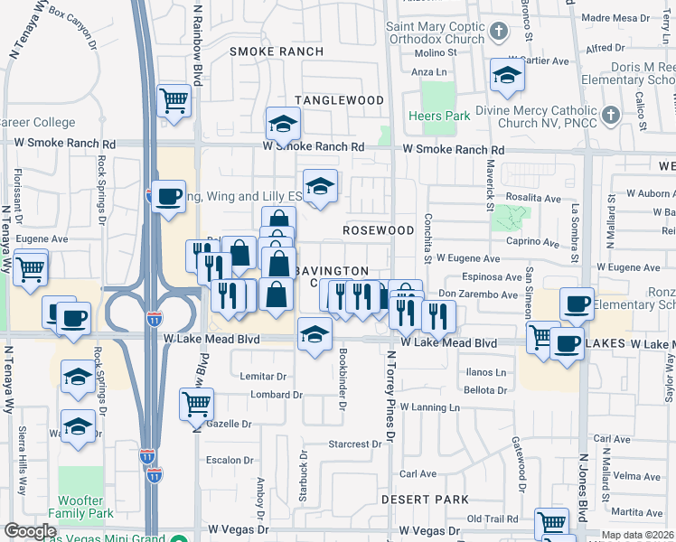 map of restaurants, bars, coffee shops, grocery stores, and more near 2104 Willowbury Drive in Las Vegas
