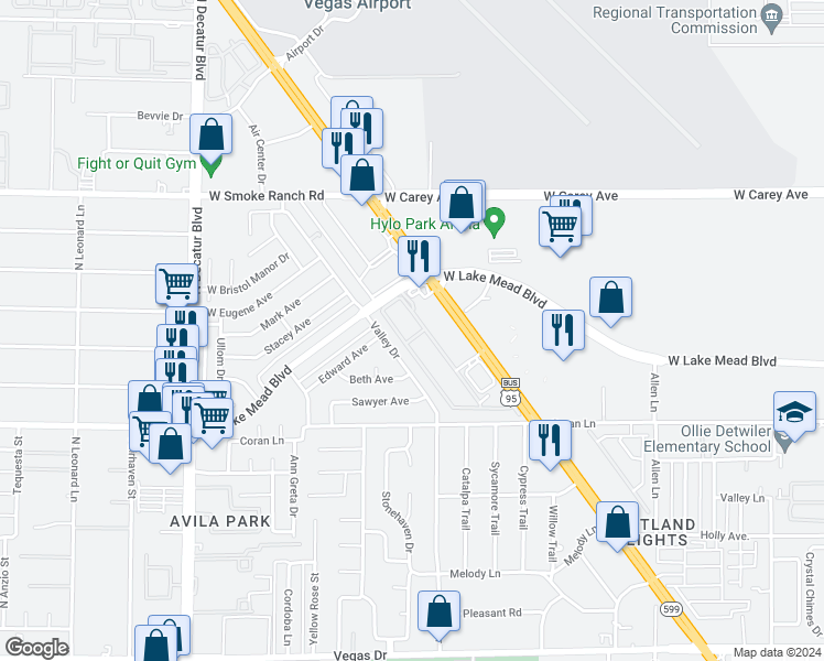 map of restaurants, bars, coffee shops, grocery stores, and more near 2151 Hussium Hills Street in Las Vegas