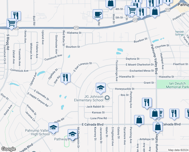 map of restaurants, bars, coffee shops, grocery stores, and more near 810 Enchanted Mesa Street in Pahrump